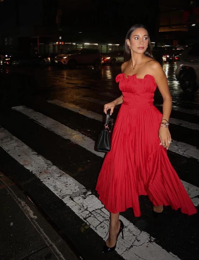 Red Pleated Midi Dress with Bow Detail for Date Night