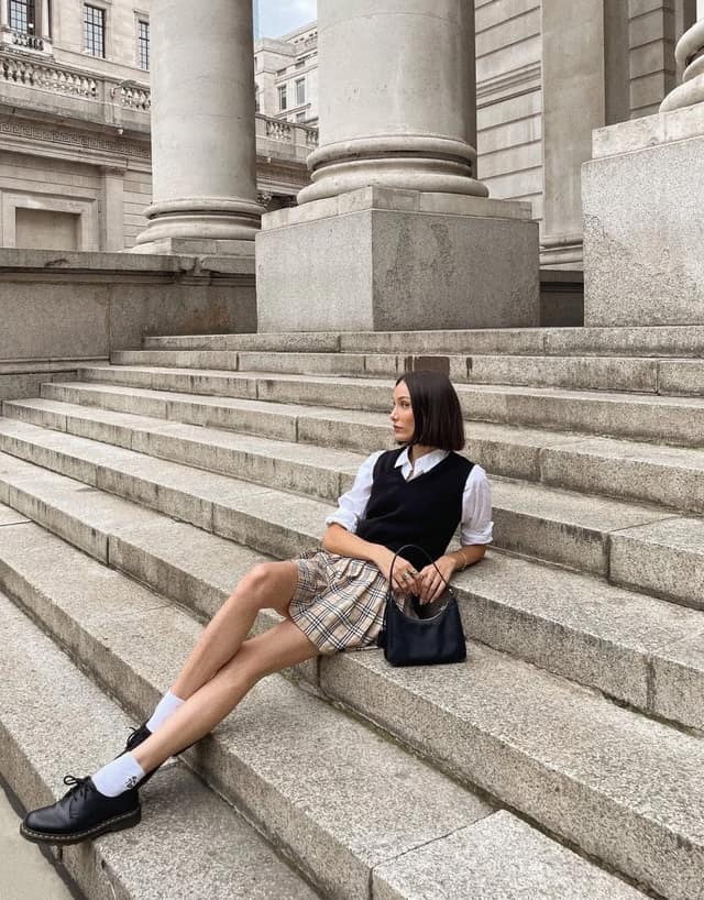 Black Knit Vest Plaid Mini Skirt Preppy Outfit