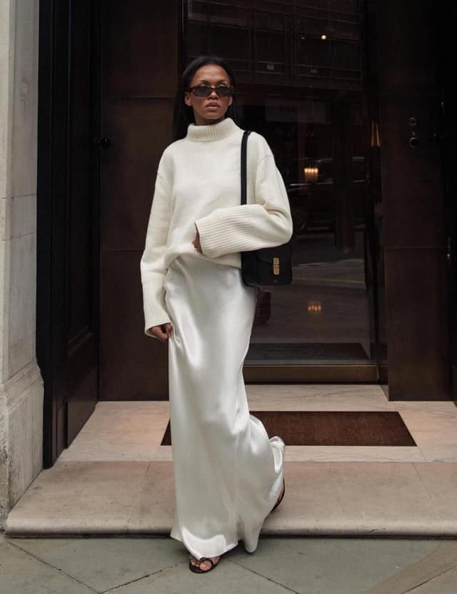 Cream Oversized Turtleneck Sweater with Silk Maxi Skirt