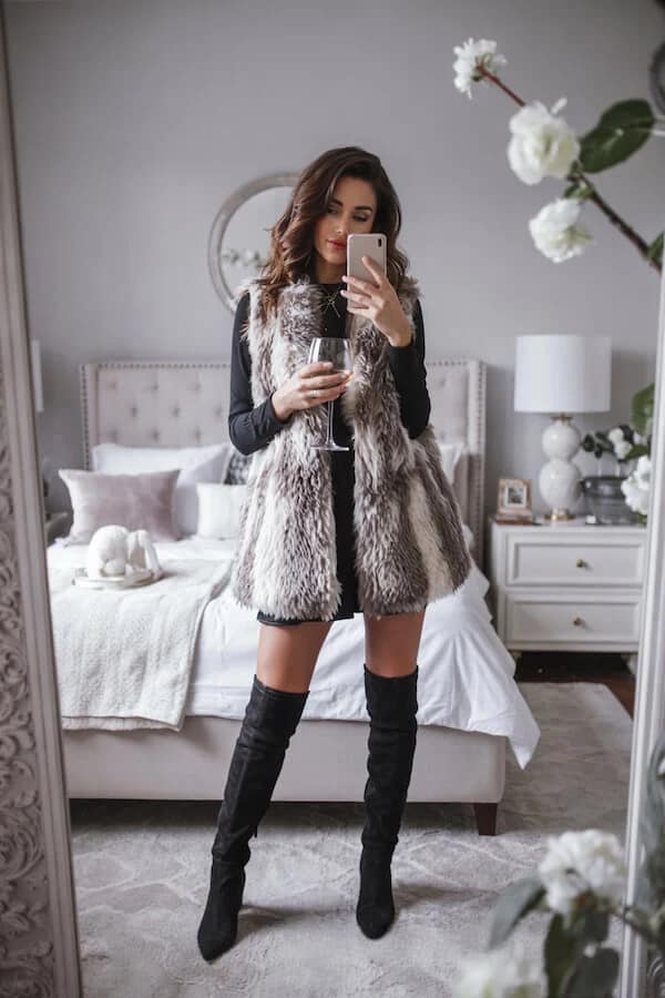 Grey Faux Fur Vest Black Mini Dress Over-the-Knee Boots