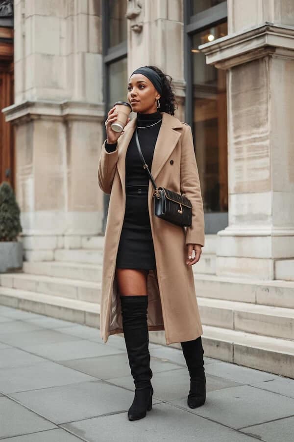 Camel Coat Black Mini Dress Over-the-Knee Boots