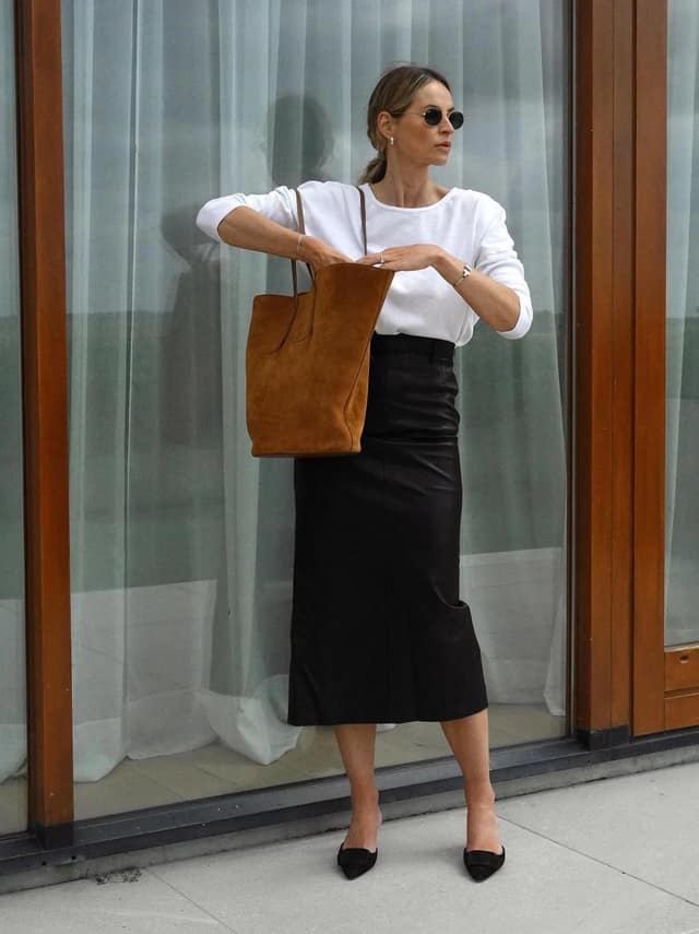 White T-Shirt Black Midi Skirt Outfit with Tan Tote
