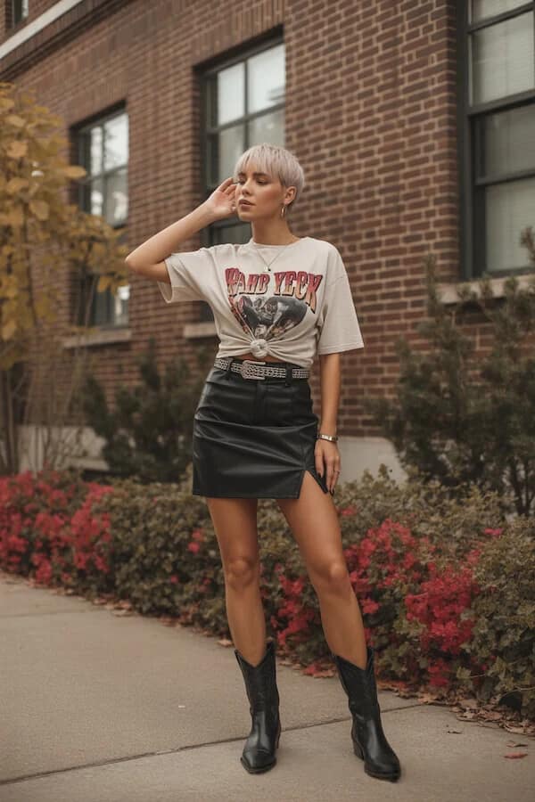Black Leather Mini Skirt Outfit with Band Tee and Cowboy Boots