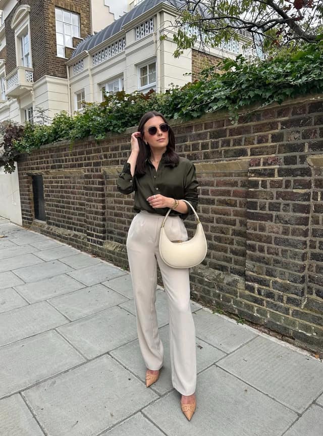 Olive Shirt Cream Wide-Leg Trousers Outfit