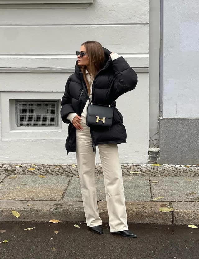 Black Puffer Jacket Outfit with Cream Wide-Leg Trousers