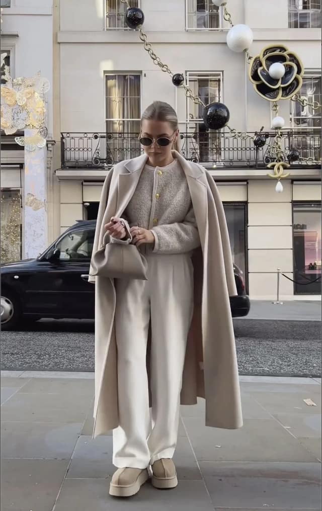 Taupe Coat Wide-Leg Trousers Cardigan Outfit