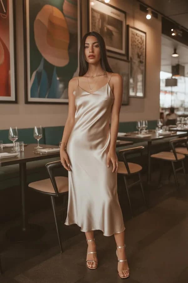 Champagne Silk Slip Dress Outfit with Strappy Heels