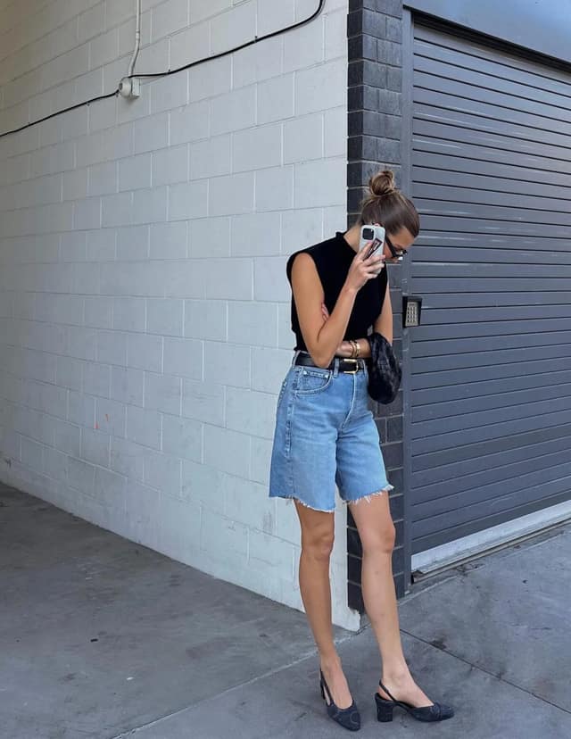 Black Top Denim Bermuda Shorts Outfit with Block Heel Mules