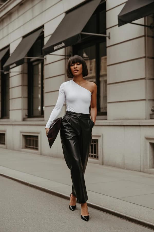 White One-Shoulder Top Black Leather Trousers Outfit