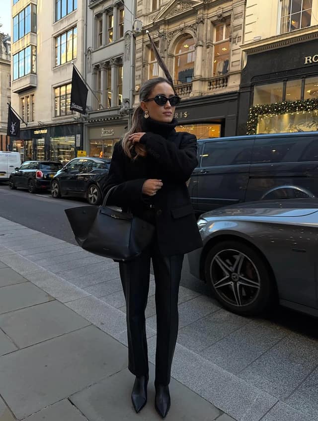 Black Turtleneck Tailored Trousers Pointed Boots Outfit