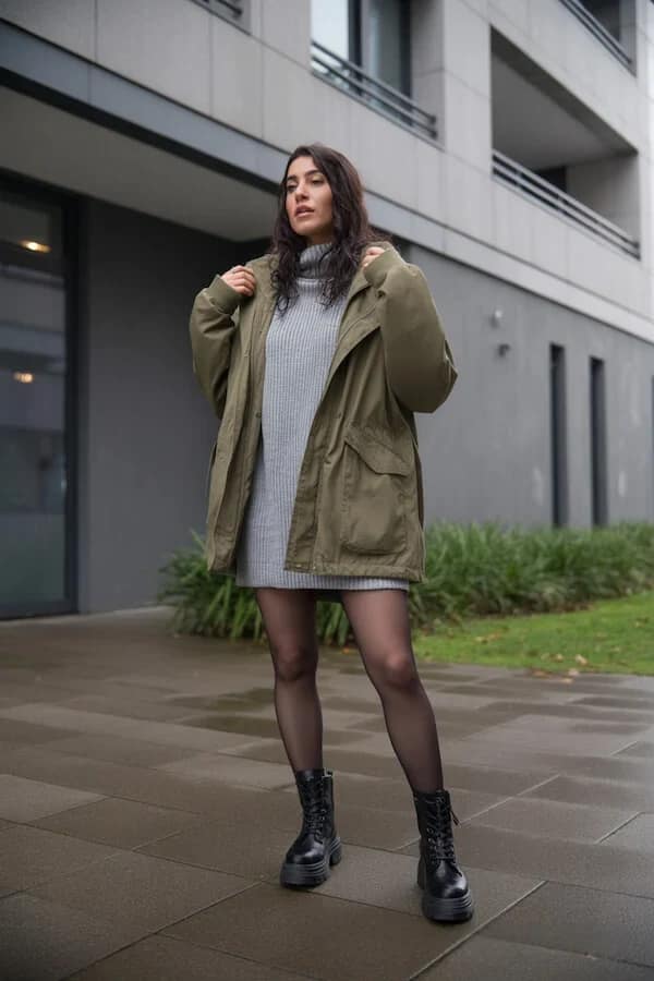 Olive Green Jacket Grey Knit Dress Combat Boots Outfit