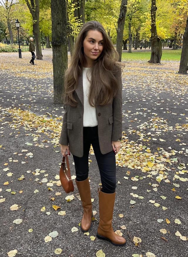 Brown Tweed Blazer Outfit with Riding Boots Fall