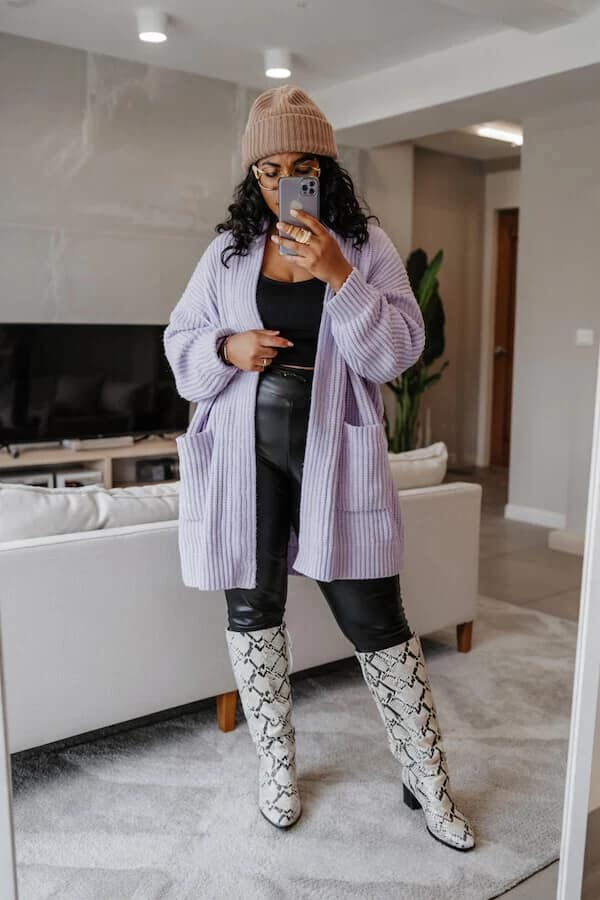 Lilac Cardigan Outfit with Leather Pants and Snake Boots