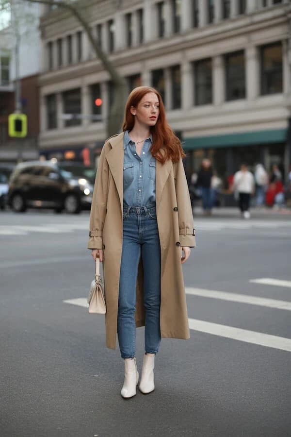 Beige Trench Coat Denim on Denim Outfit with White Boots
