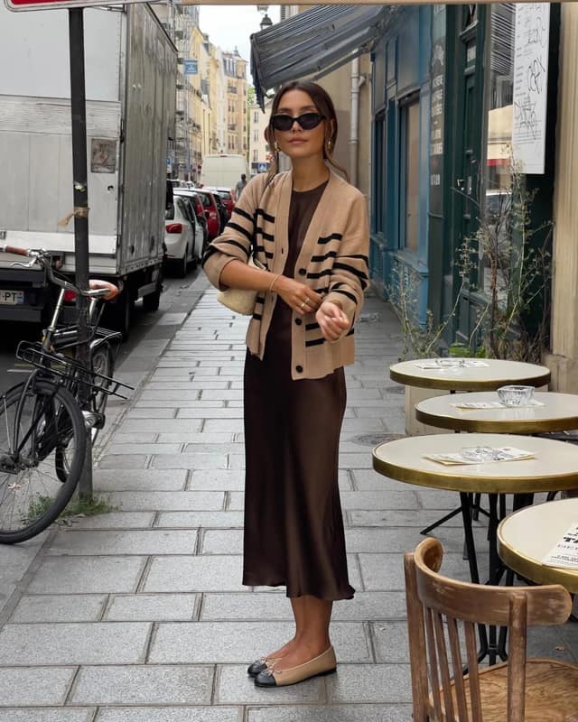 Camel Striped Cardigan Outfit with Brown Slip Dress