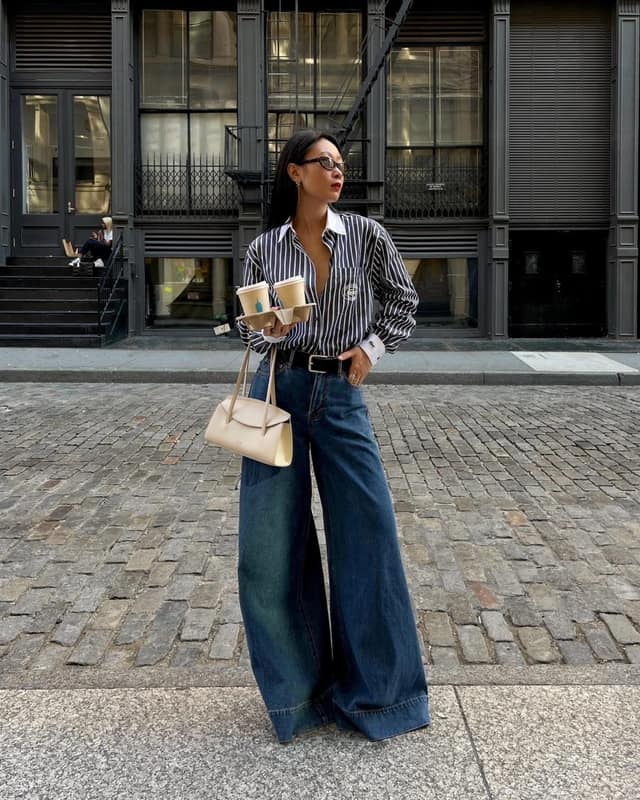 Striped Shirt Wide-Leg Jeans Outfit with Cream Bag