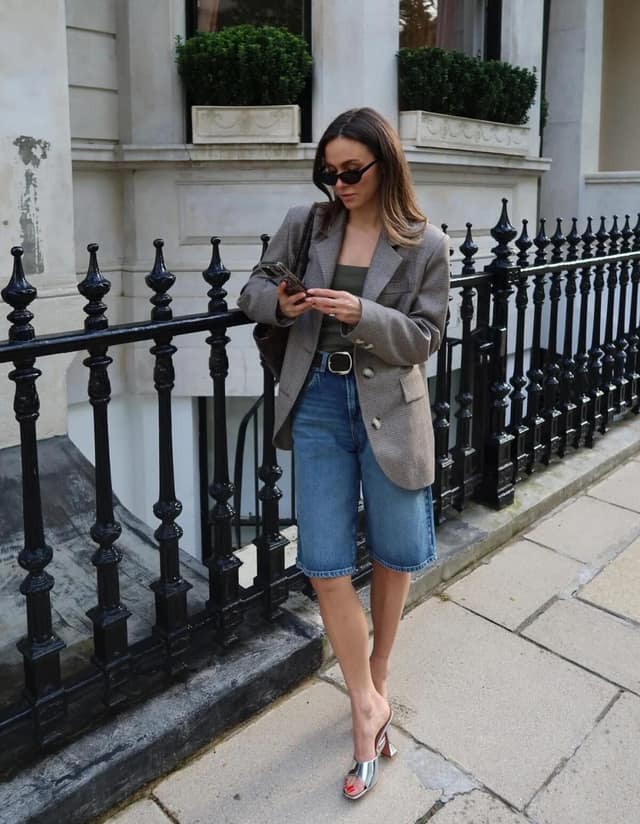 Grey Check Blazer Denim Bermuda Shorts Outfit