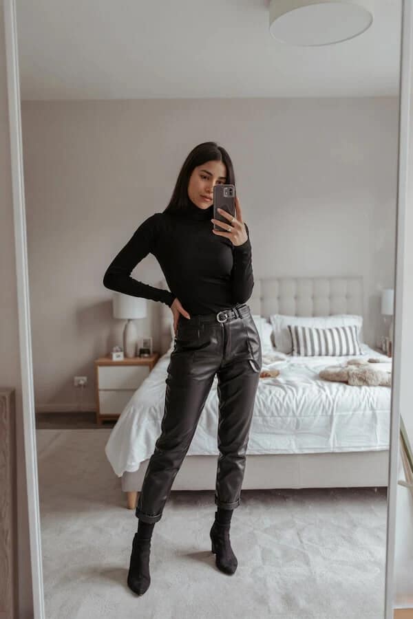 Black Turtleneck Leather Trousers Outfit with Ankle Boots