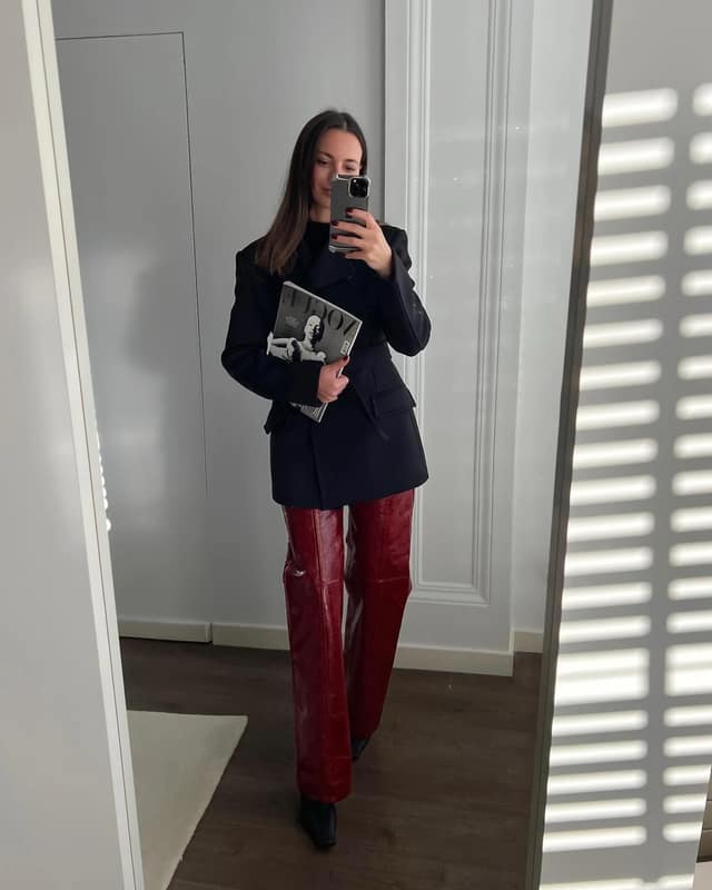 Black Blazer Burgundy Leather Trousers Outfit