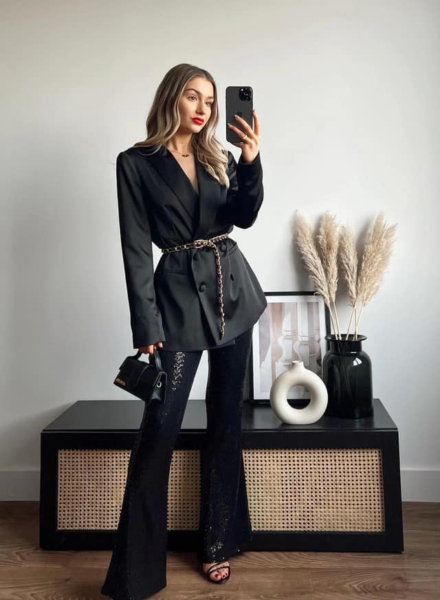 Black Blazer Chain Belt Outfit with Sequin Trousers