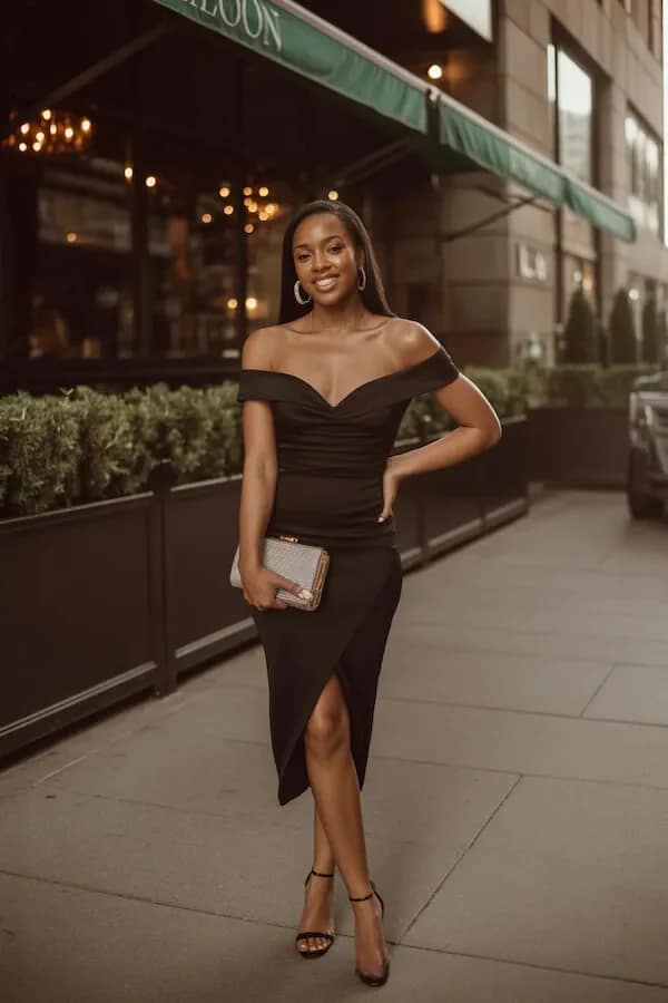 Black Off-Shoulder Dress Outfit with Ruched Bodice