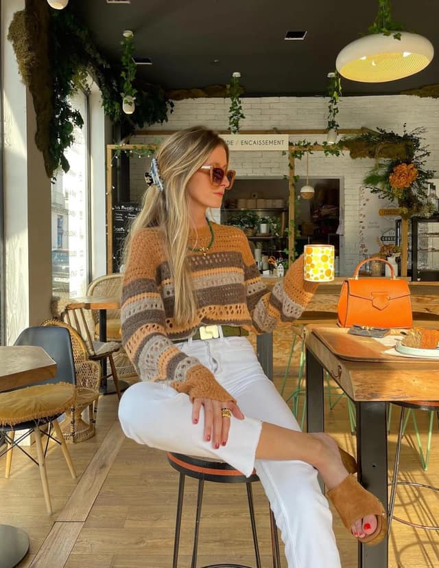 Burnt Orange Crochet Sweater Outfit with White Jeans