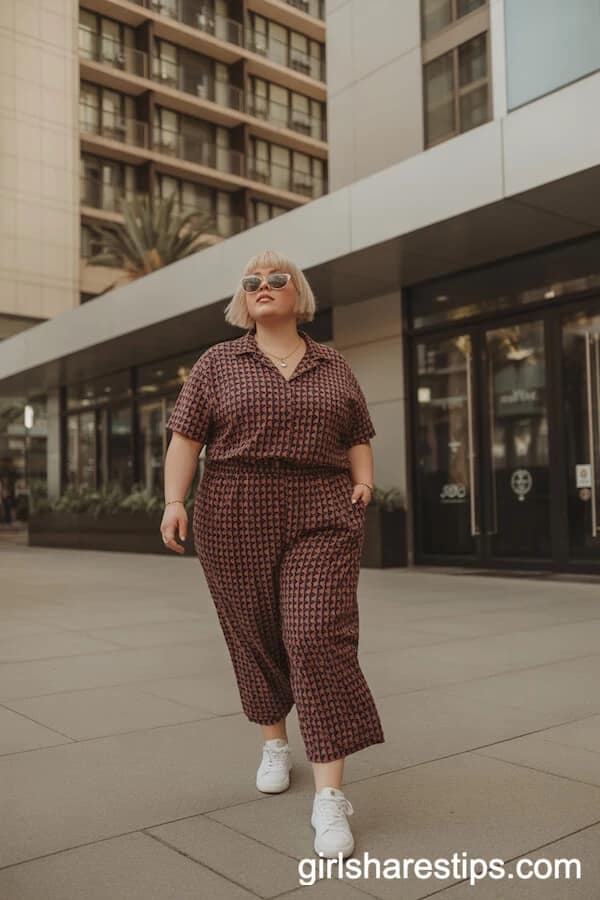 Brown Geometric Co-Ord Set with Wide-Leg Trousers