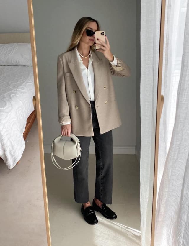 Beige Oversized Blazer Outfit with White Shirt Gray Trousers