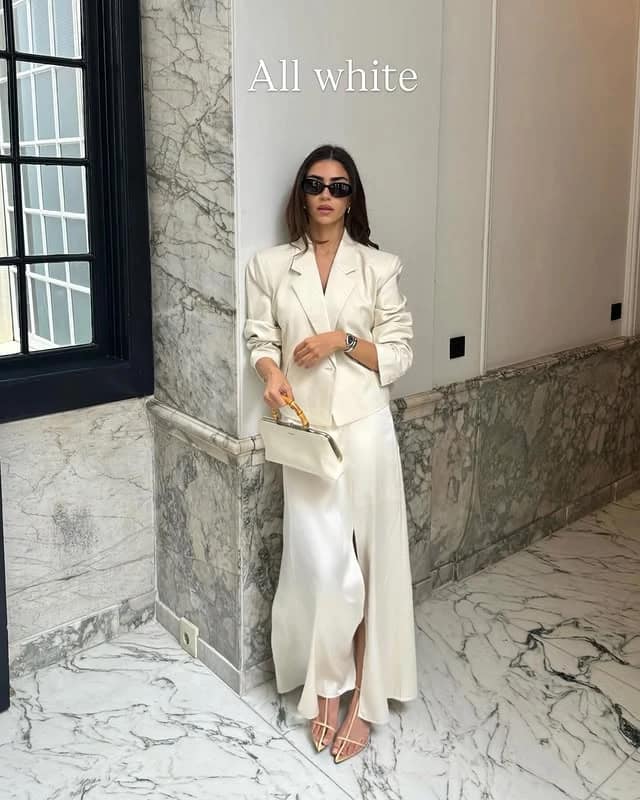 White Blazer Satin Midi Skirt Outfit for Events