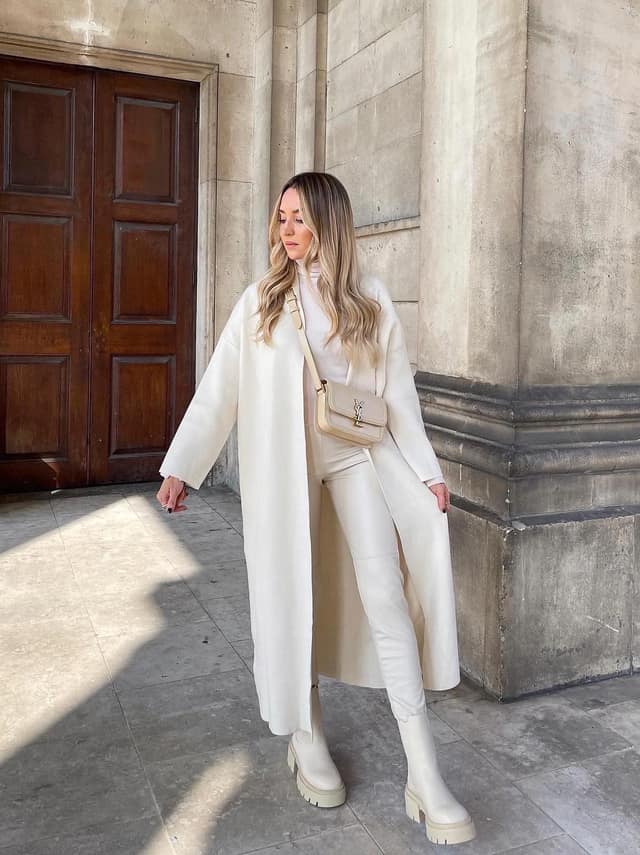Cream Longline Coat Outfit with Tonal Trousers