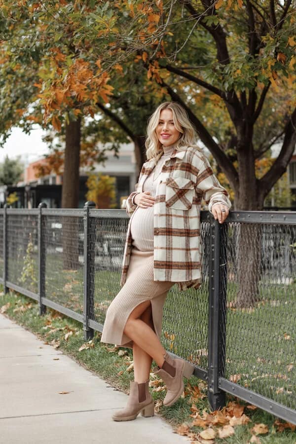 Brown Plaid Shacket Over Beige Knit Midi Dress