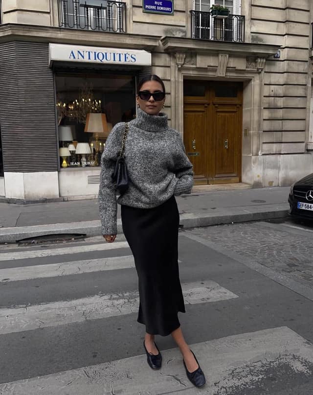 Grey Turtleneck Sweater Black Slip Skirt Fall Outfit