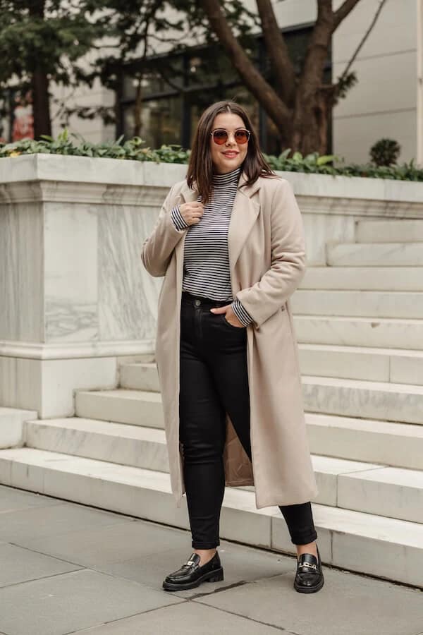 Beige Coat Black Jeans Striped Turtleneck Outfit