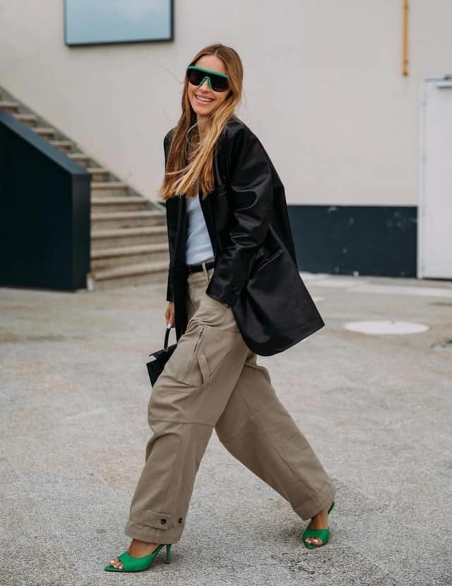 Black Leather Blazer Outfit with Cargo Trousers Green Heels