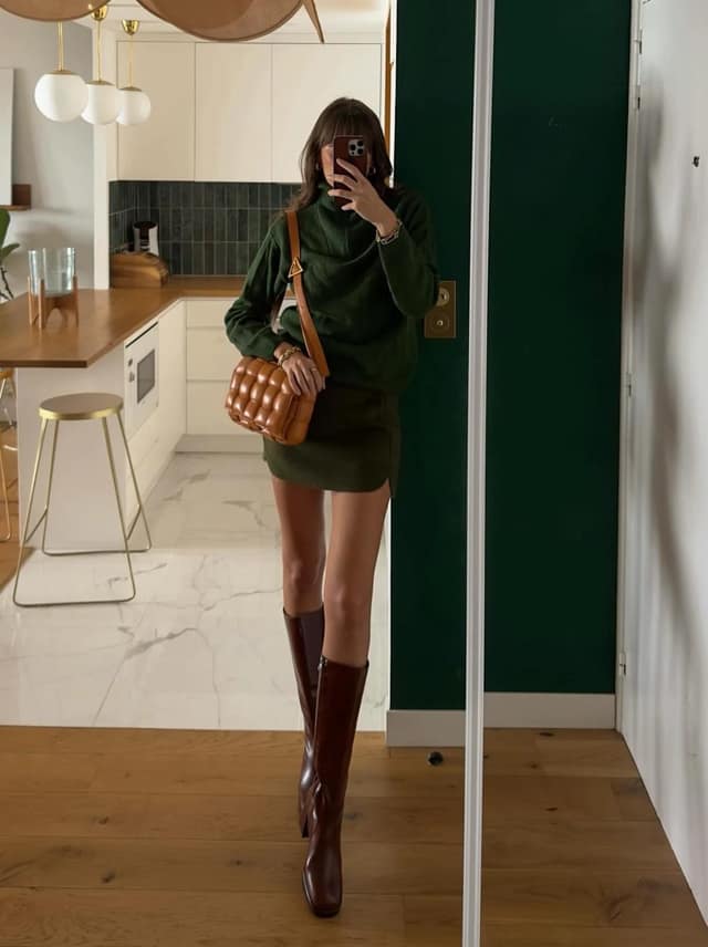 Forest Green Knit Sweater Dress with Brown Boots
