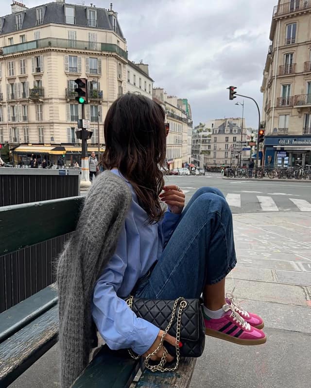 Blue Shirt Gray Cardigan Jeans Pink Sneakers Paris Outfit