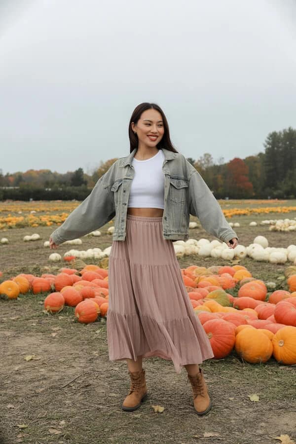 Sage Denim Jacket Outfit with Mauve Tiered Midi Skirt