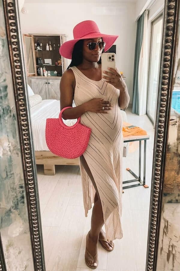 Beige Crochet Maxi Dress Outfit with Pink Straw Hat