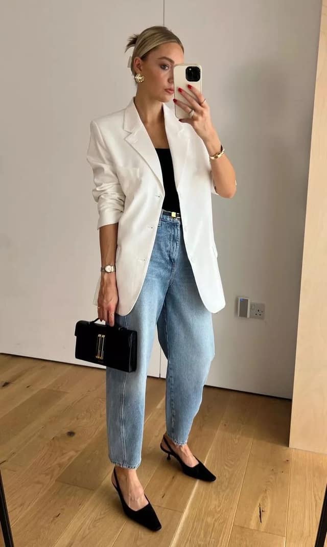 White Blazer Light Wash Jeans Outfit