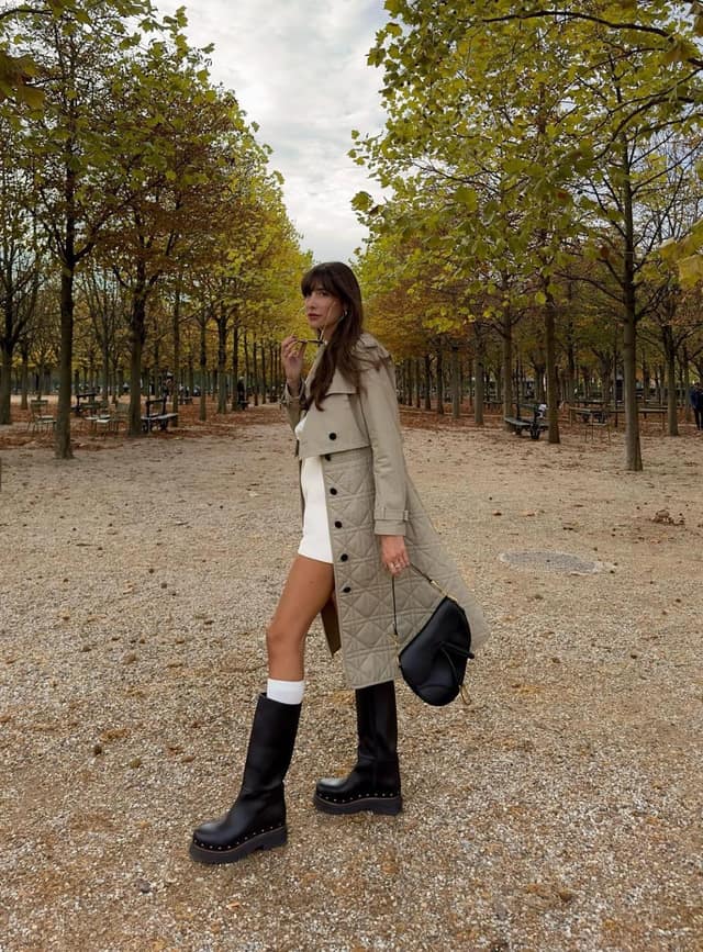 Beige Quilted Coat Dress with Black Platform Boots