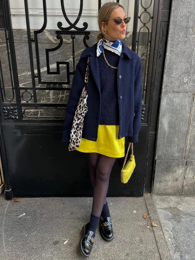 Navy Jacket Yellow Mini Skirt Outfit with Scarf