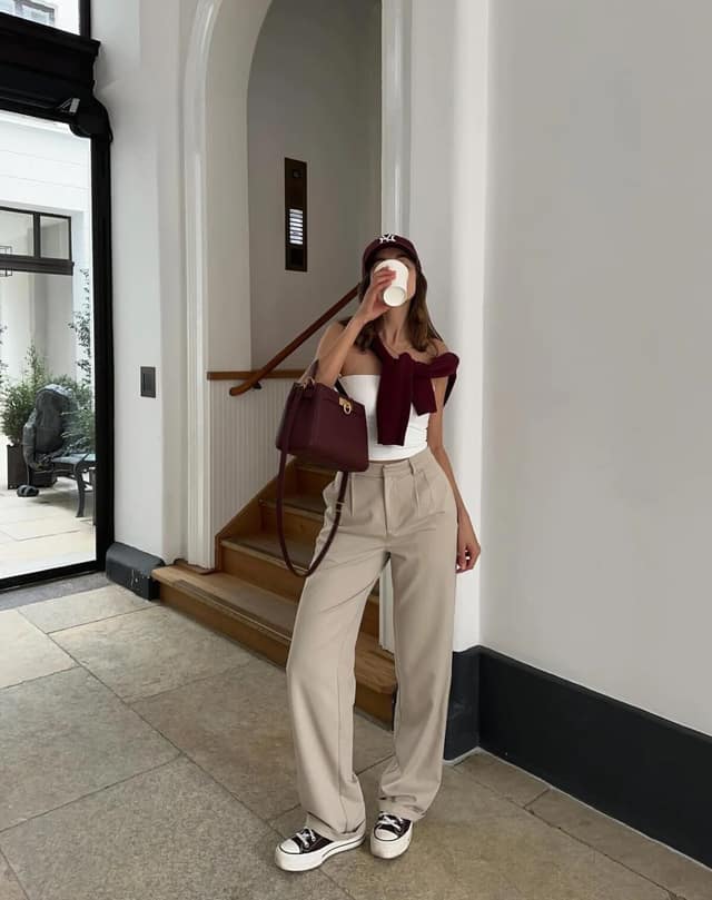 Burgundy Cardigan Beige Wide-Leg Trousers Outfit