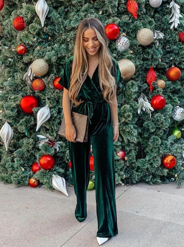 Emerald Green Velvet Jumpsuit Outfit with White Heels