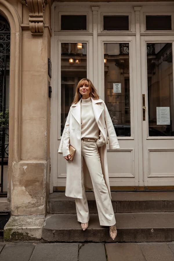 Cream Coat Ivory Wide-Leg Trousers Outfit