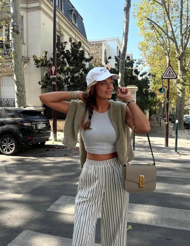 Sage Green Knit Vest Outfit with Striped Wide-Leg Trousers