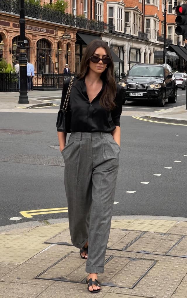 Black Silk Shirt Grey Wide-Leg Trousers Outfit