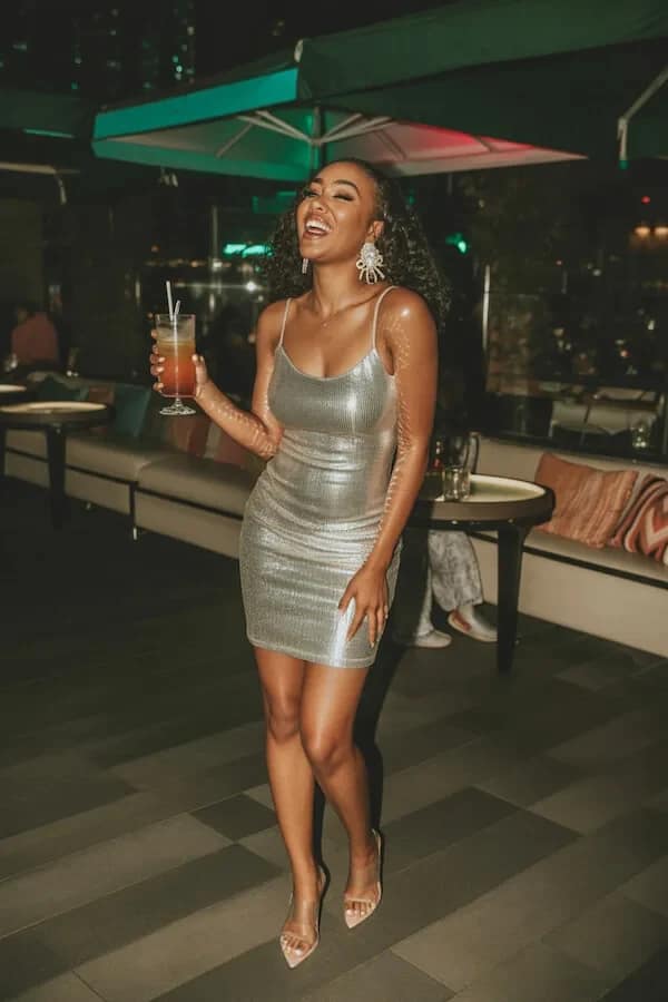 Silver Metallic Mini Dress Outfit with Strappy Heels