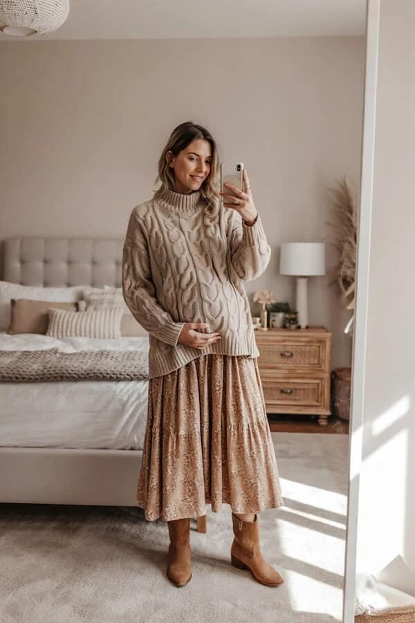 Cream Cable Knit Sweater Floral Midi Skirt Outfit