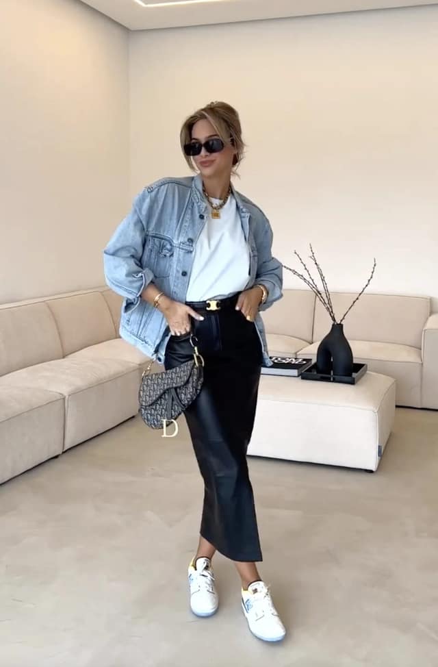 Oversized Denim Jacket Black Leather Midi Skirt Outfit