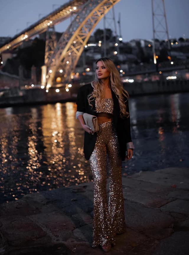 Gold Sequin Two-Piece Outfit with Black Blazer